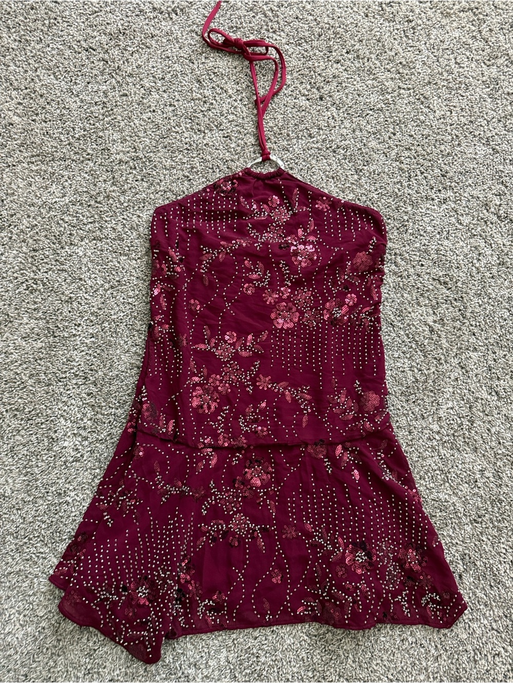 Edikted Wine Halter Mini Dress with Floral Sequin Embellishment